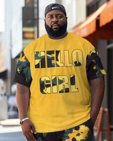 Men's Plus Size Street Hello Girl Color Block Graffiti Short Sleeve Shorts Set